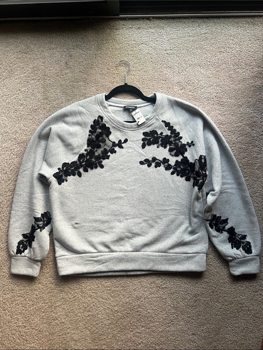 Express Light Gray Crewneck with Black Floral Appliqué - Size L - NWT
